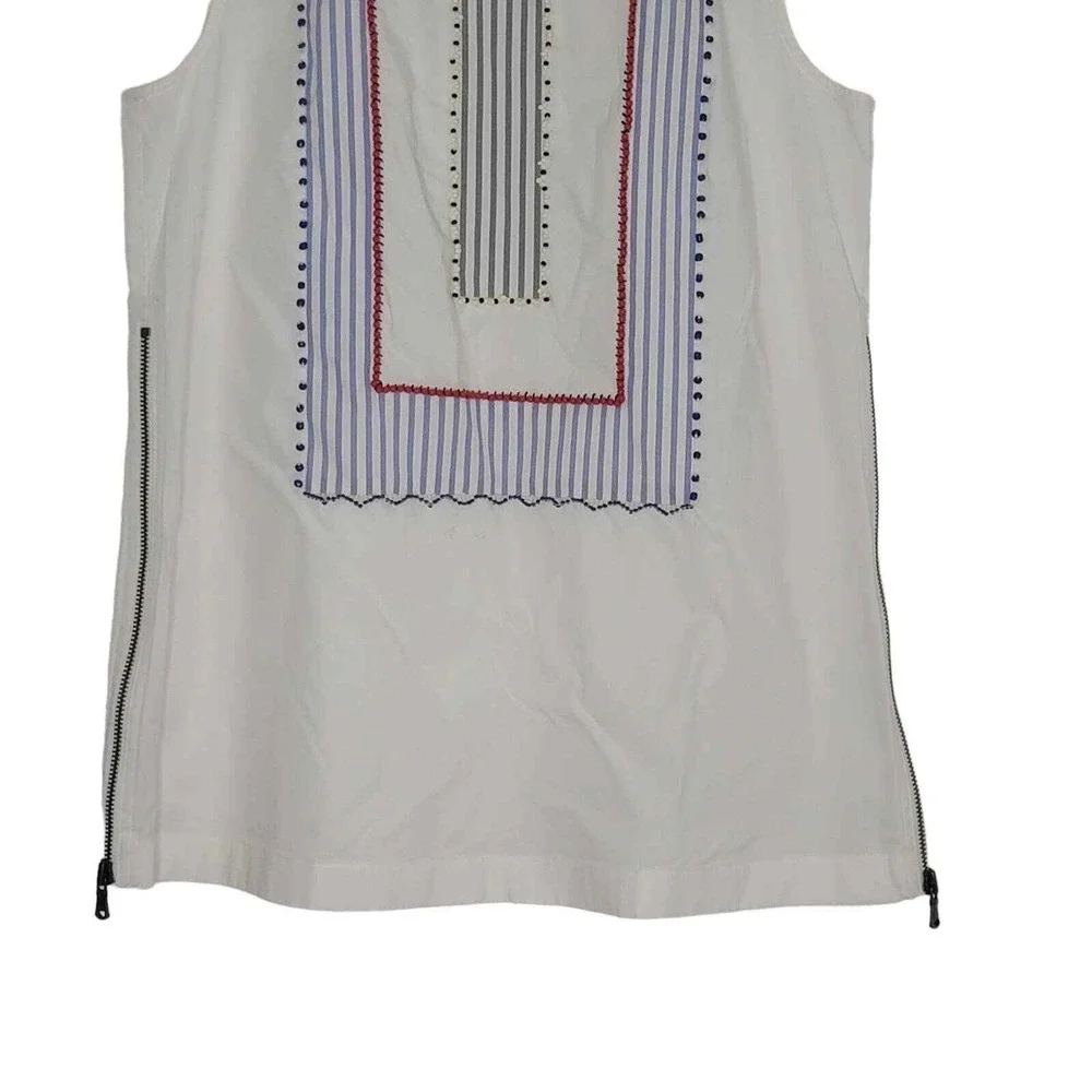 J Crew Sleeveless Beaded Tunic Top‎ 0 White Blue Stripe Side Zip Round Neck Boho